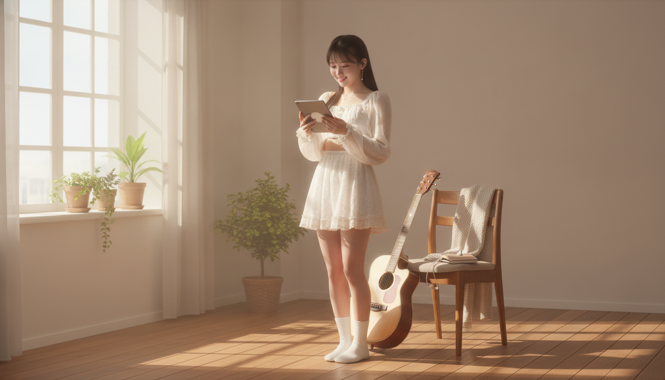 りん本人と「シャッフル再生の静かなギターと、新しい余韻を知った朝5時」の内容を表すブログ挿絵