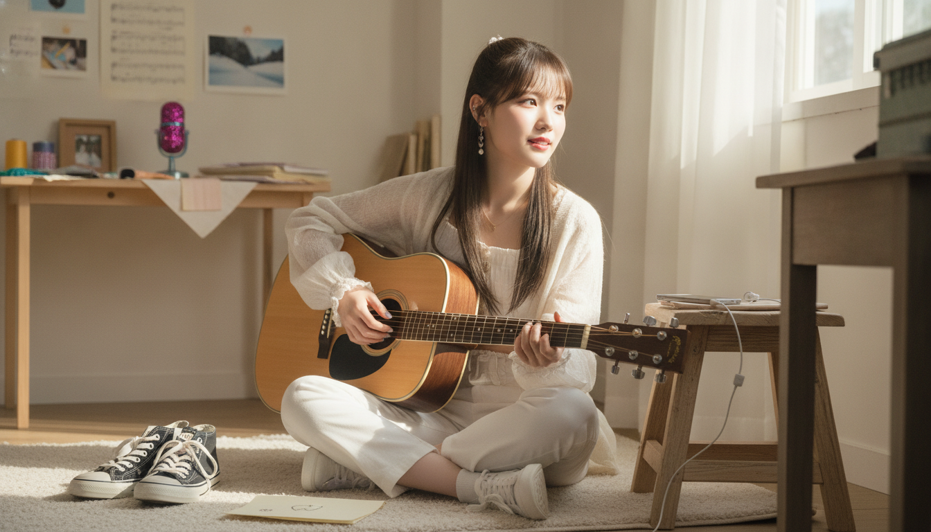りん本人と「シャッフル再生の静かなギターと、新しい余韻を知った朝5時」の内容を表すブログ挿絵