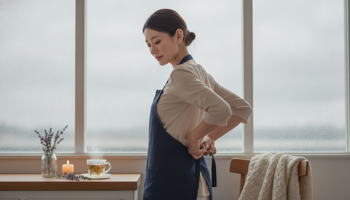 花本人と「リネンの紐が教えてくれた、無意識の力みと朝の深呼吸」の内容を表すブログ挿絵