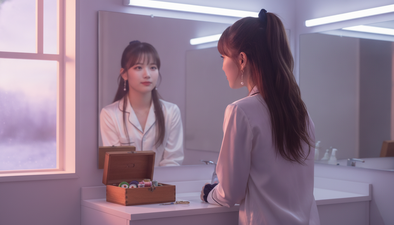 りん本人と「伸びかけのヘアゴムと、鏡の前で見つけた数ミリの余白」の内容を表すブログ挿絵