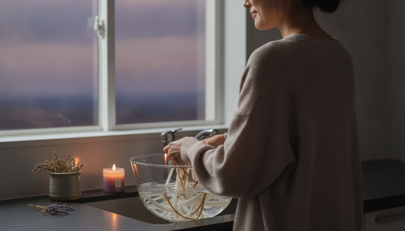 花本人と「水を含んで白く透き通る夕暮れと、芯がほどけるのを待つ空白の時間」の内容を表すブログ挿絵