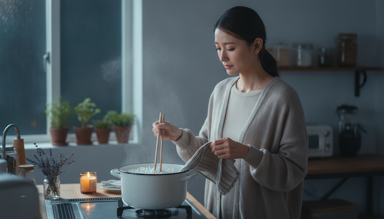花本人と「夜更けのホーロー鍋と、完璧な漂白を手放した布の温度」の内容を表すブログ挿絵