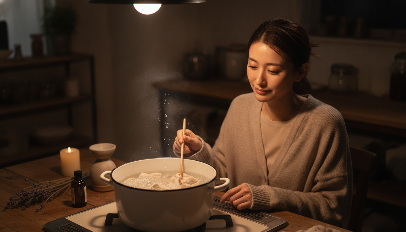 花本人と「夜更けのホーロー鍋と、完璧な漂白を手放した布の温度」の内容を表すブログ挿絵