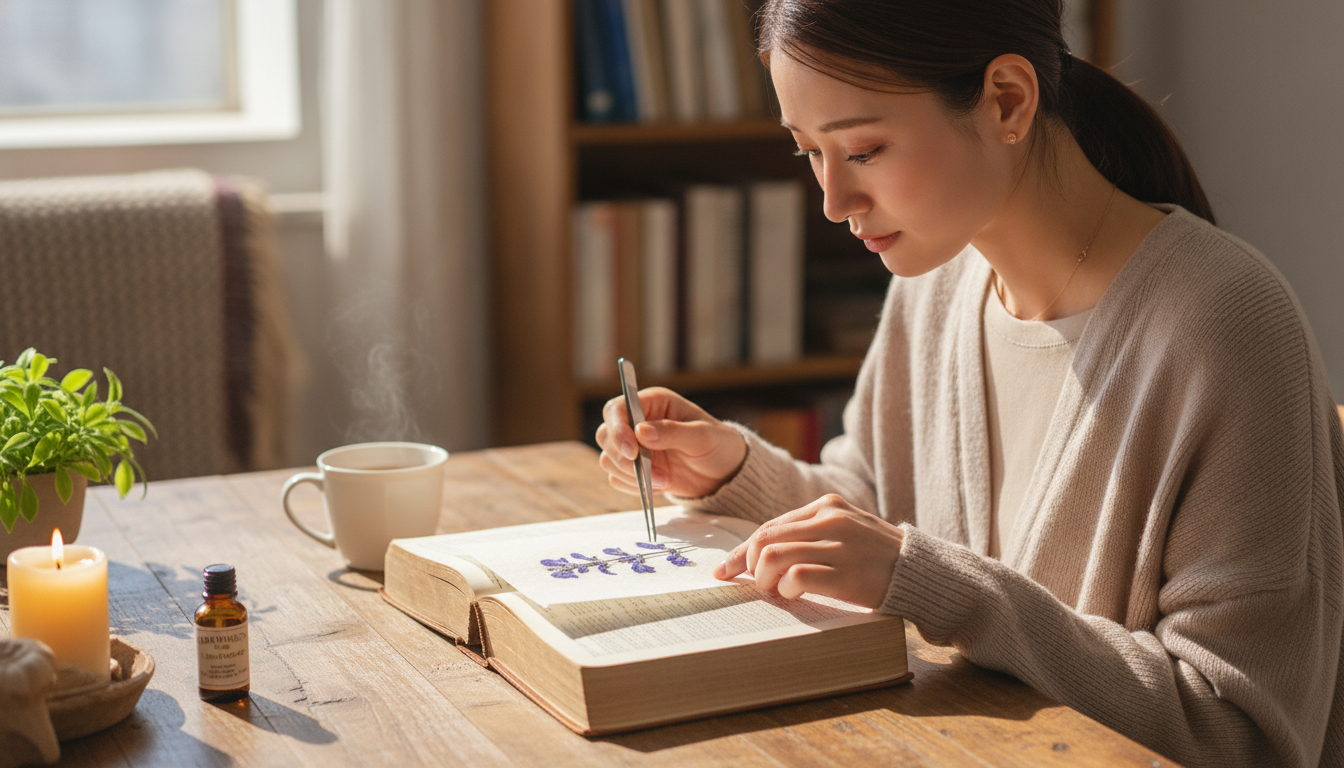 花本人と「分厚い辞典に挟んだ青紫色と、無理に広げきらない余白の残し方」の内容を表すブログ挿絵