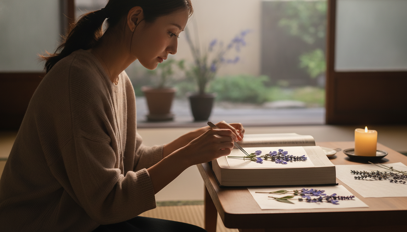 花本人と「分厚い辞典に挟んだ青紫色と、無理に広げきらない余白の残し方」の内容を表すブログ挿絵