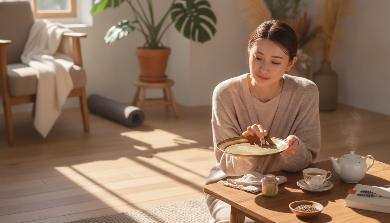 花本人と「斜めに差し込む九月の光と、真鍮のくすみを磨かない朝」の内容を表すブログ挿絵