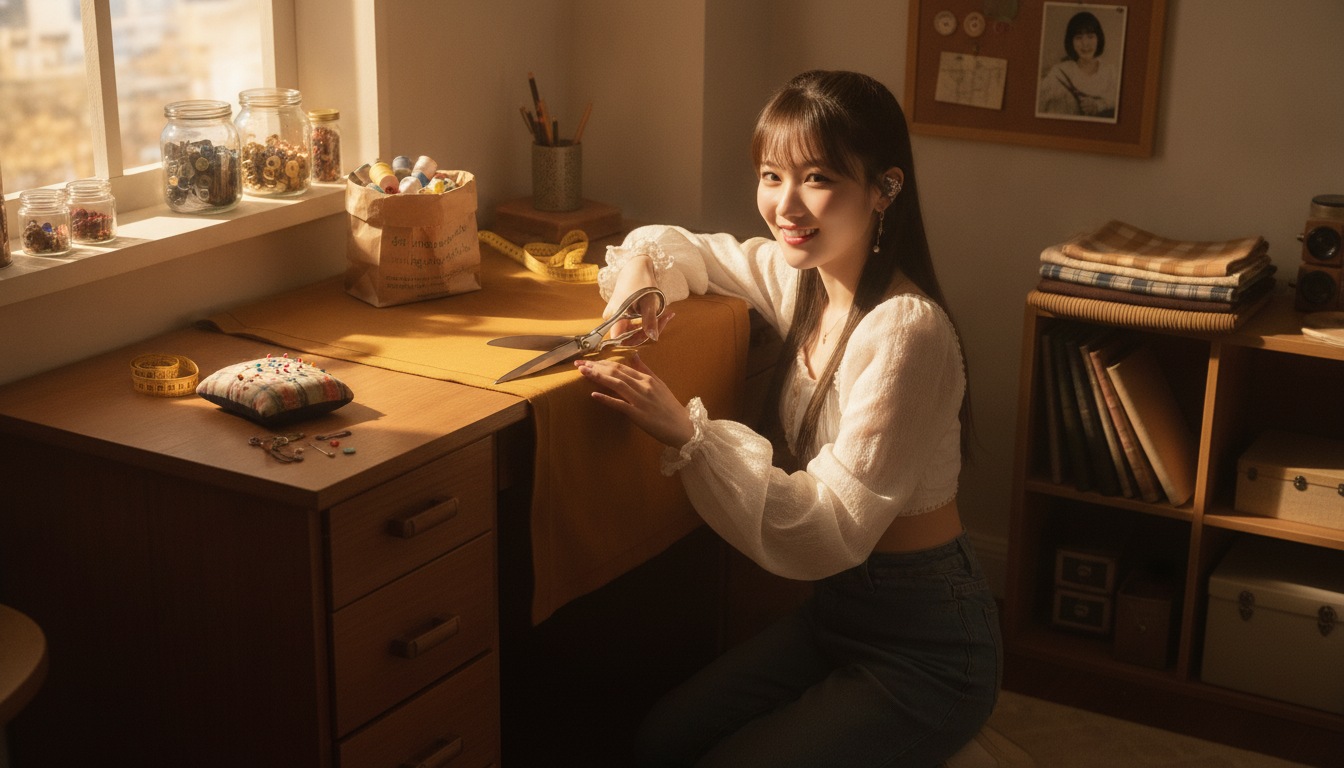 りん本人と「ジョキッという乾いた音と、重たい裁ちばさみが切り開く秋の形」の内容を表すブログ挿絵