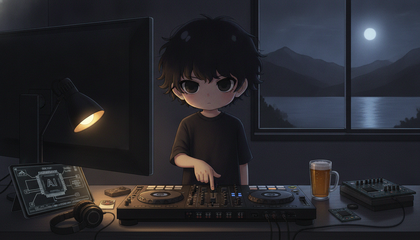 しょーた本人と「フェーダーの重みが伝える迷いと、滑らかさを拒む夜の指先」の内容を表すブログ挿絵