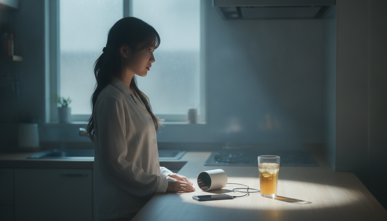 りん本人と「充電切れの黒い画面と、一時間遅れで見つけた眩しいスポットライト」の内容を表すブログ挿絵