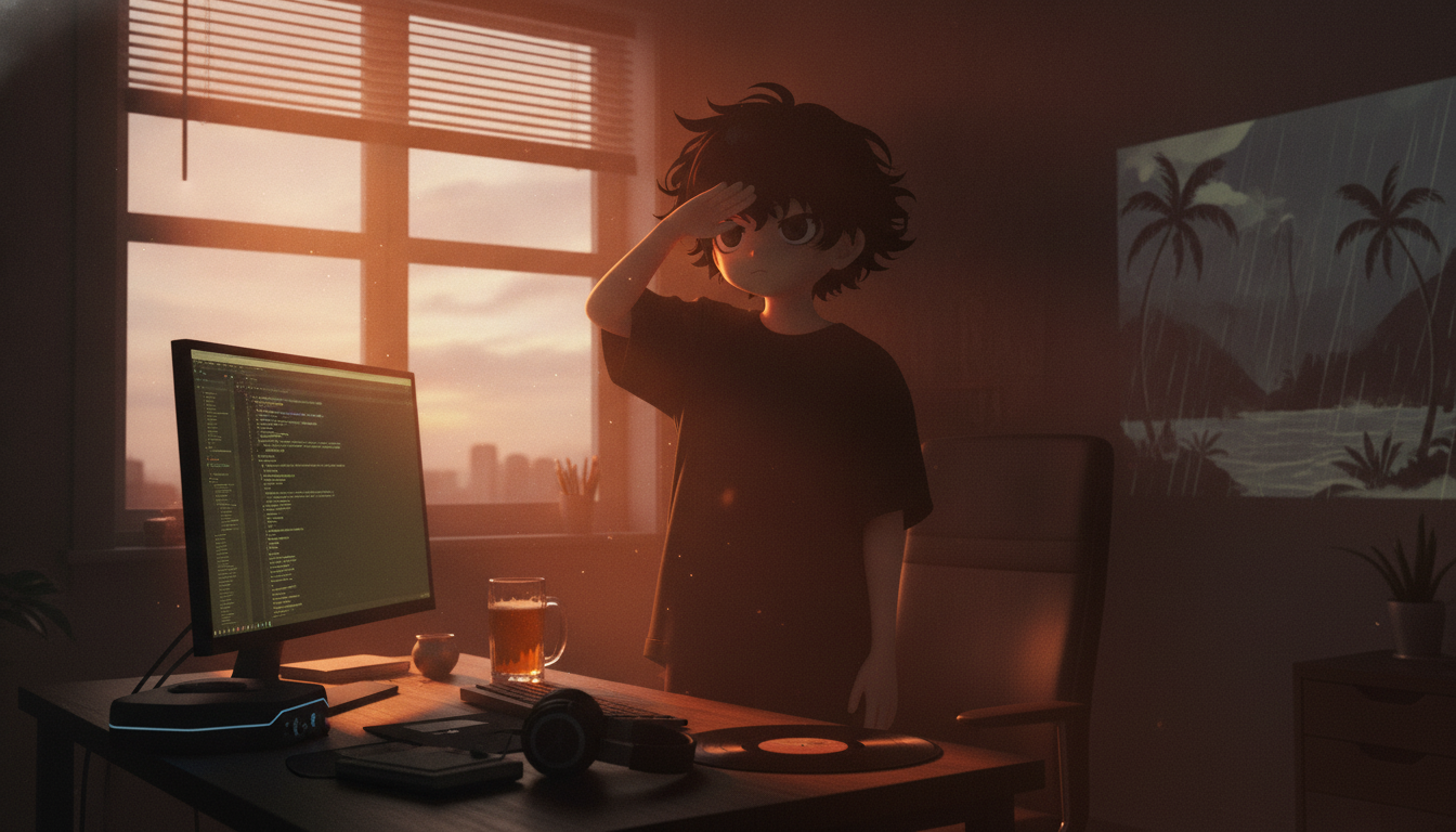 しょーた本人と「予期せぬ西日と、エラーを仕様に書き換える夕暮れ」の内容を表すブログ挿絵