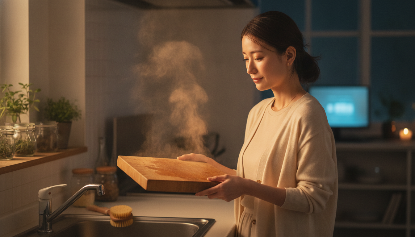 花本人と「湯気とともに立ち昇る木の香りと、心に余白を取り戻す夜の片付け」の内容を表すブログ挿絵