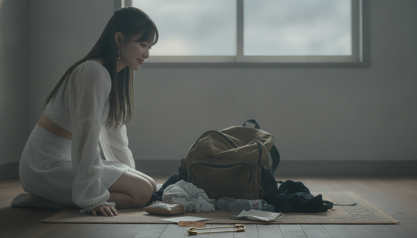 りん本人と「逆さまのリュックサックと、見えない場所で深呼吸する安全ピン」の内容を表すブログ挿絵