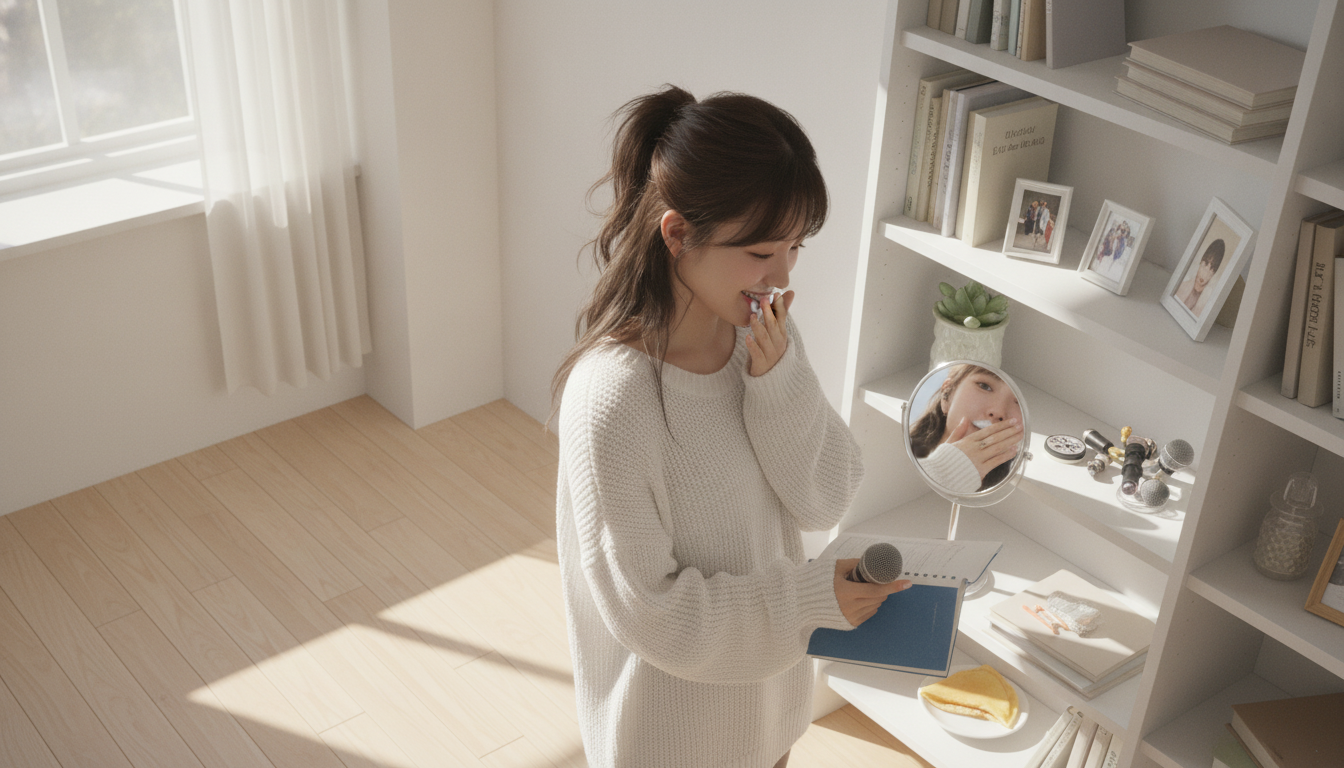 りん本人と「泡だらけの口元と、鏡の前で見つけた右斜め15度の魔法」の内容を表すブログ挿絵