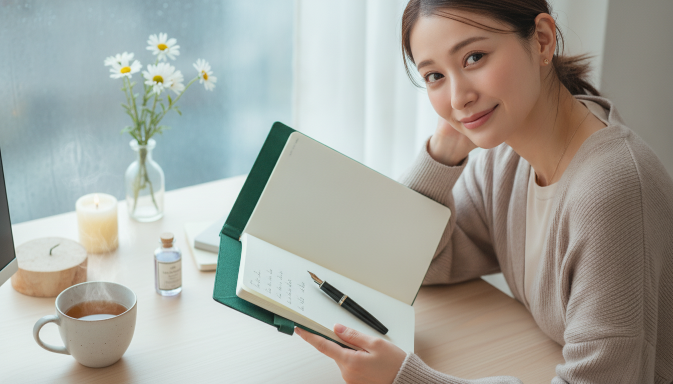 花本人と「真新しいノートの一枚目をめくる朝と、空白がくれる小さな許容」の内容を表すブログ挿絵
