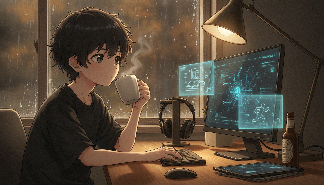しょーた本人と「窓を叩く秋雨と、同じ基盤が映し出す違う景色」の内容を表すブログ挿絵