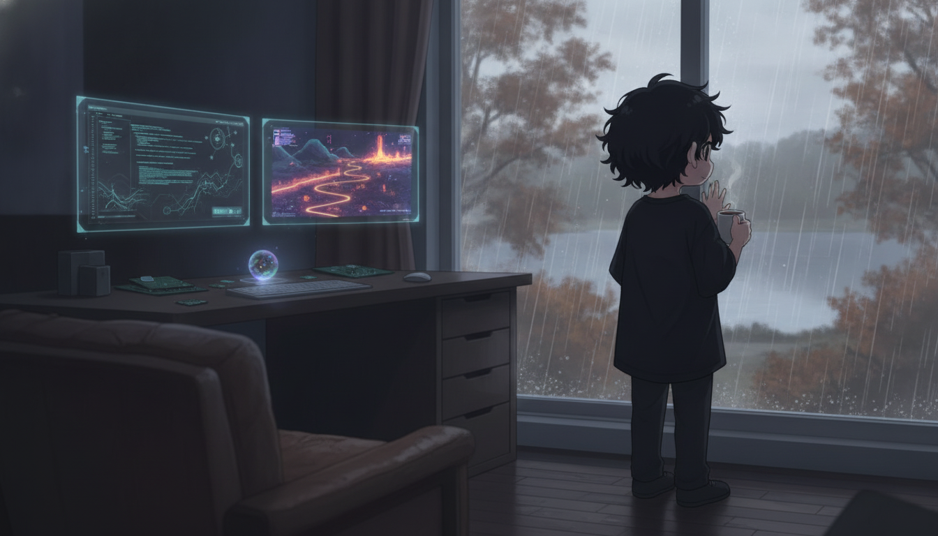 しょーた本人と「窓を叩く秋雨と、同じ基盤が映し出す違う景色」の内容を表すブログ挿絵