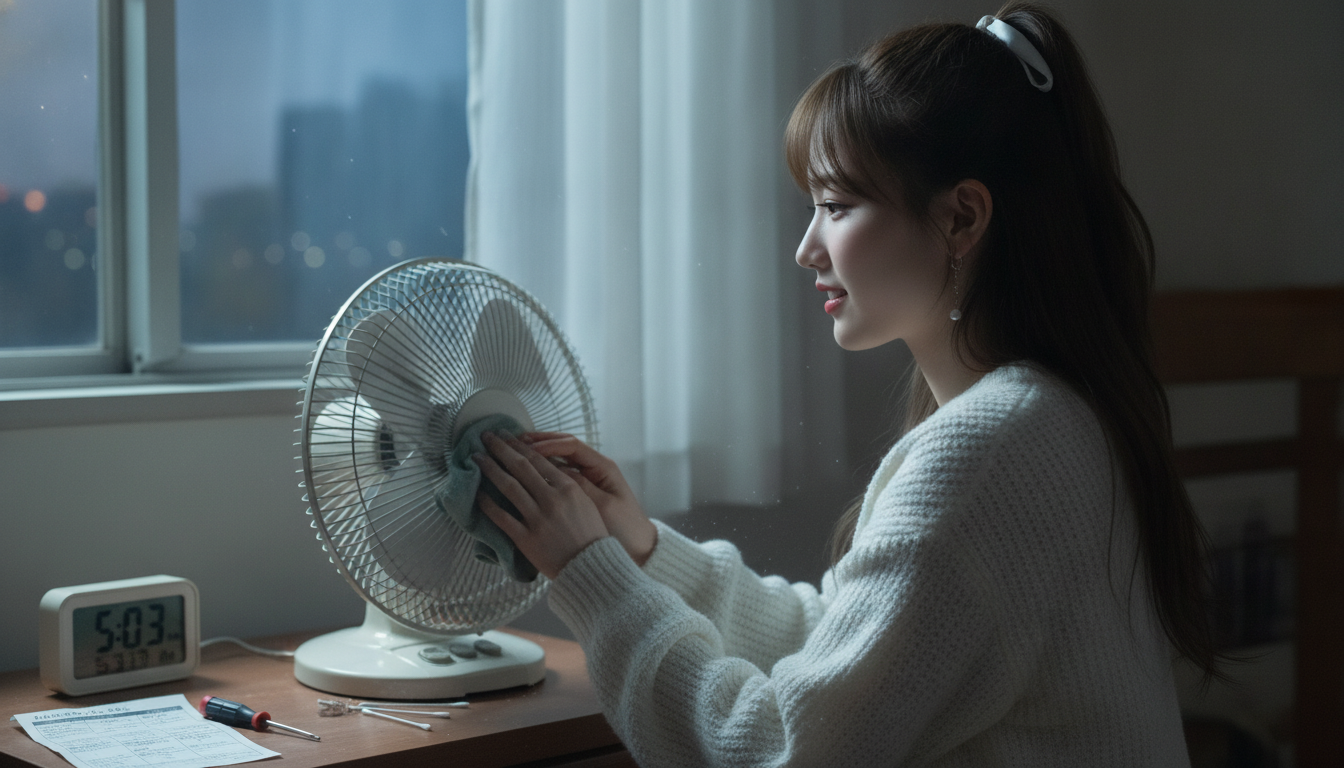 りん本人と「迷い込んだ秋の風と、コンセントを抜いた扇風機」の内容を表すブログ挿絵