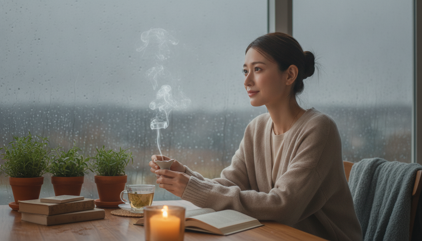 花本人と「窓を打つ不規則な雨音と、それぞれの窓辺が切り取る景色の違い」の内容を表すブログ挿絵
