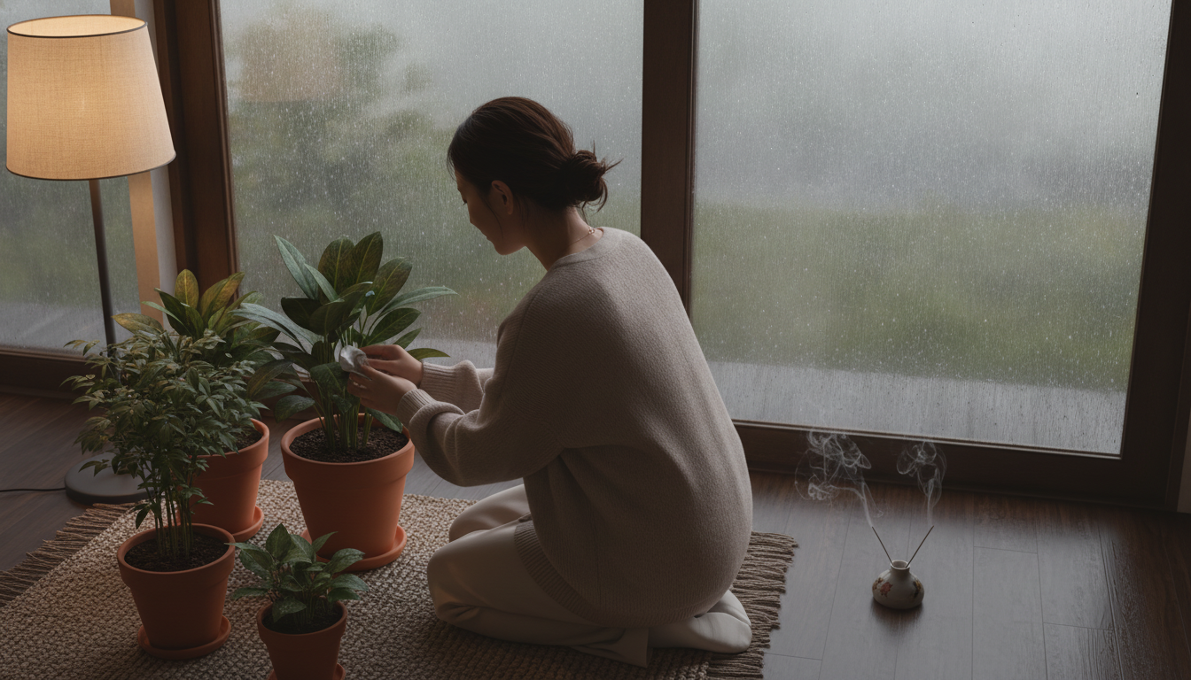 花本人と「窓を打つ不規則な雨音と、それぞれの窓辺が切り取る景色の違い」の内容を表すブログ挿絵