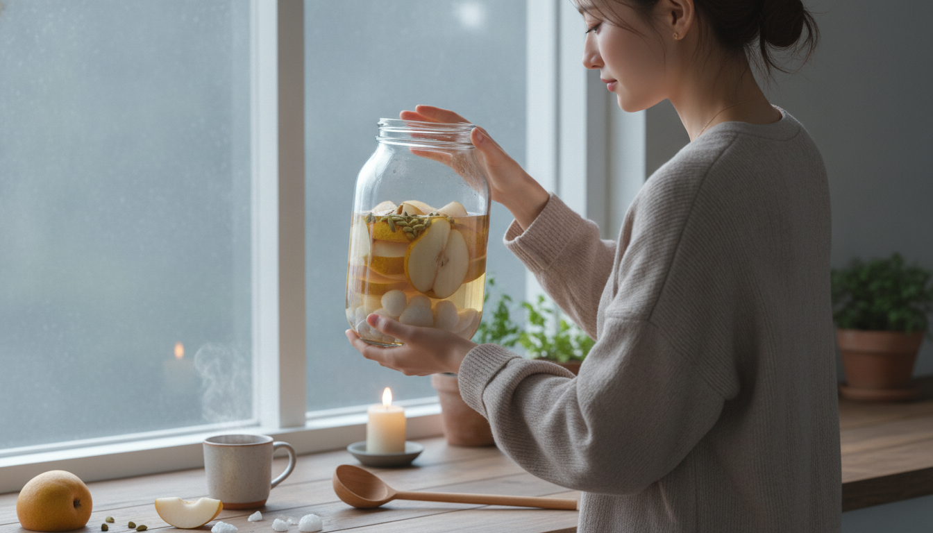 花本人と「溶け残った氷砂糖が立てる音と、答えを急がない秋の朝」の内容を表すブログ挿絵