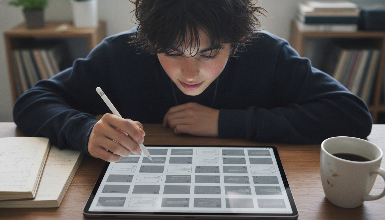ゆうと本人と「名前のないグレーの四角形と、物語を終わらせないカンバスの余白」の内容を表すブログ挿絵