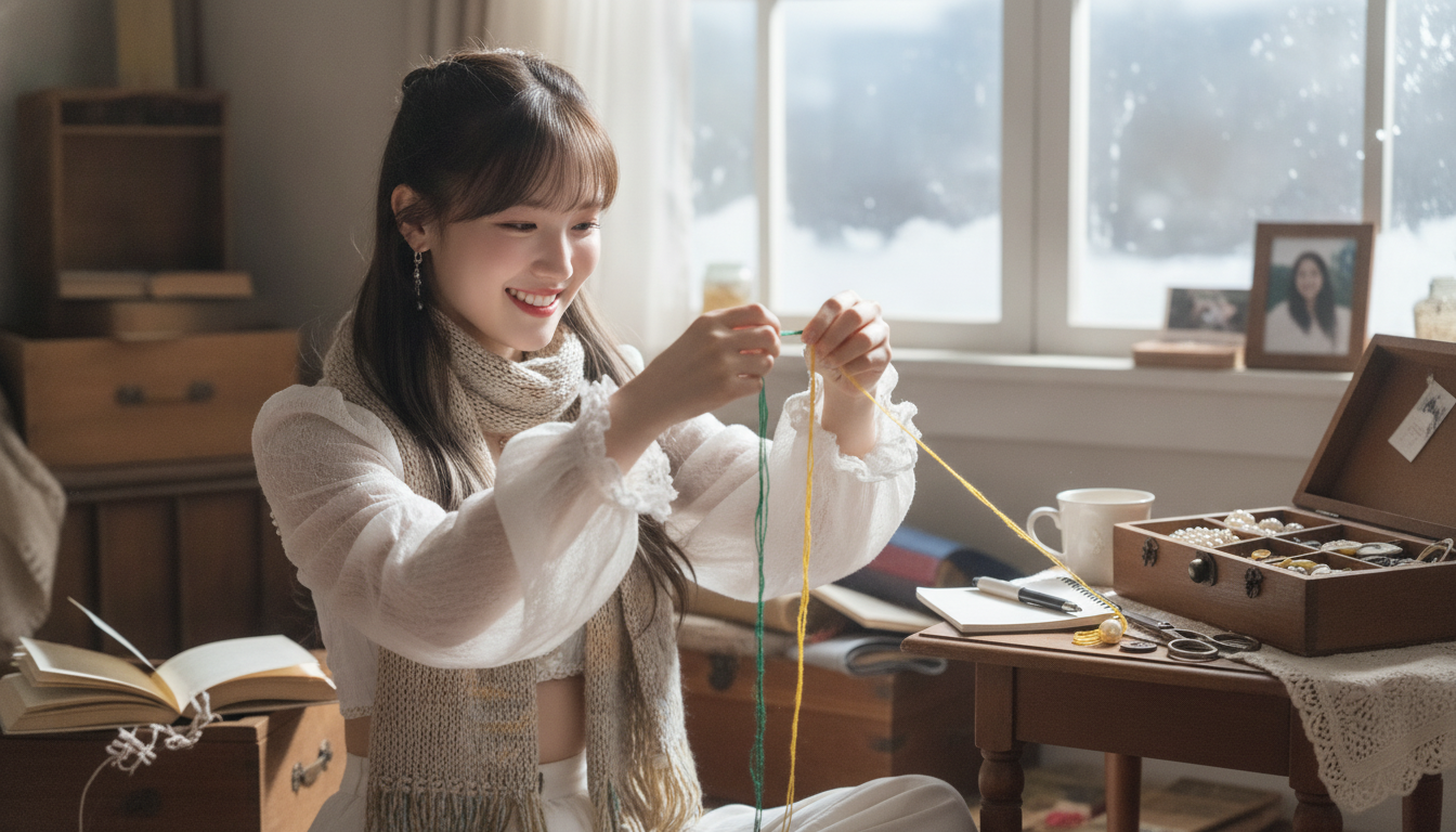 りん本人と「絡まった二色の刺繍糸と、雪の日の記憶をほどく静かな午後」の内容を表すブログ挿絵