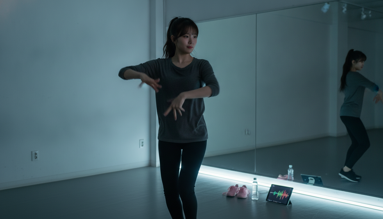 りん本人と「チャコールグレーのロンTと、鏡の前に浮かび上がったごまかしのない朝」の内容を表すブログ挿絵