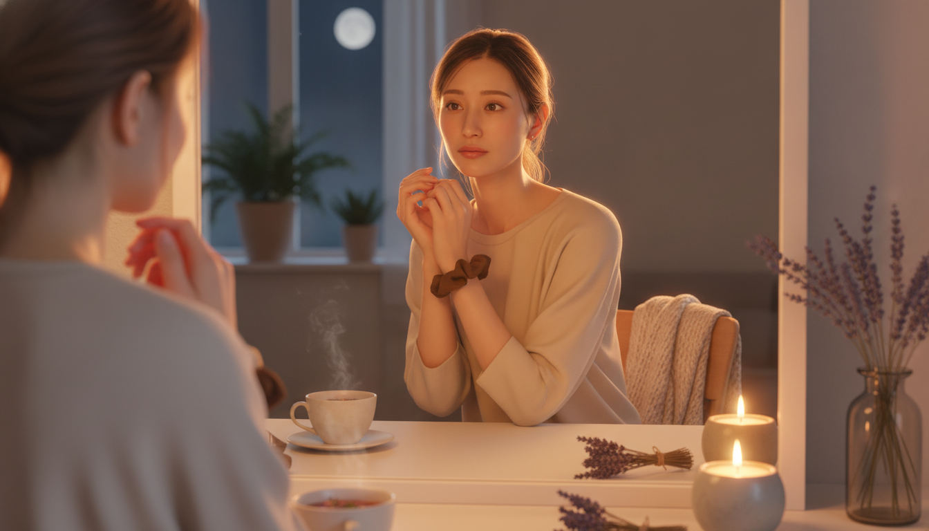 花本人と「伸びかけたヘアゴムの緩みと、ちょうどいい距離を探り直す朝」の内容を表すブログ挿絵
