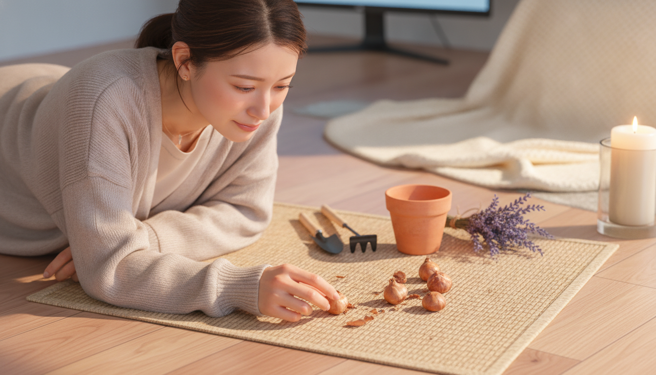 花本人と「手のひらに沈む球根の重みと、立ち止まることを許す土の温度」の内容を表すブログ挿絵