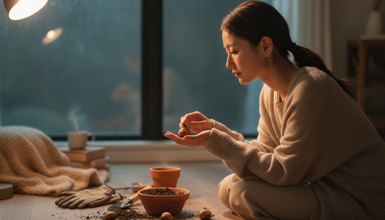 花本人と「手のひらに沈む球根の重みと、立ち止まることを許す土の温度」の内容を表すブログ挿絵