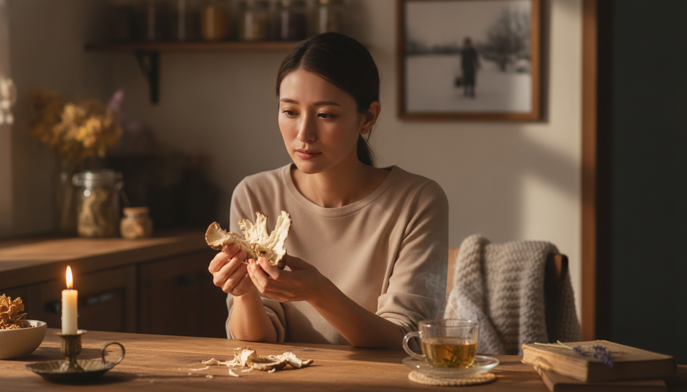 花本人と「手で裂いた舞茸の断面と、飲み込まれた思いを包む夜」の内容を表すブログ挿絵
