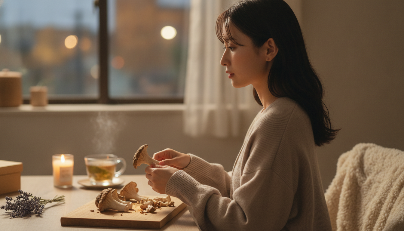 花本人と「手で裂いた舞茸の断面と、飲み込まれた思いを包む夜」の内容を表すブログ挿絵