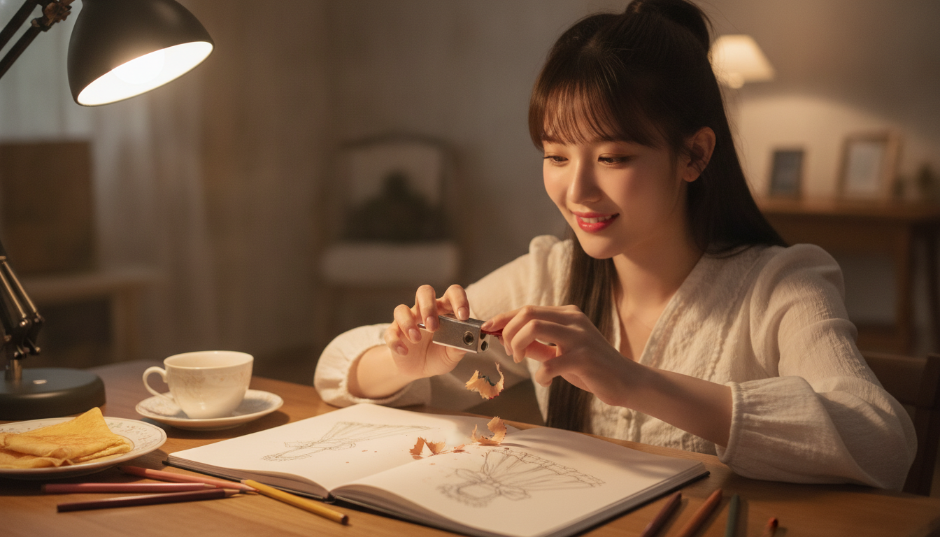 りん本人と「短くなった赤茶色の色鉛筆と、夜11時に咲いた削りカスの花びら」の内容を表すブログ挿絵