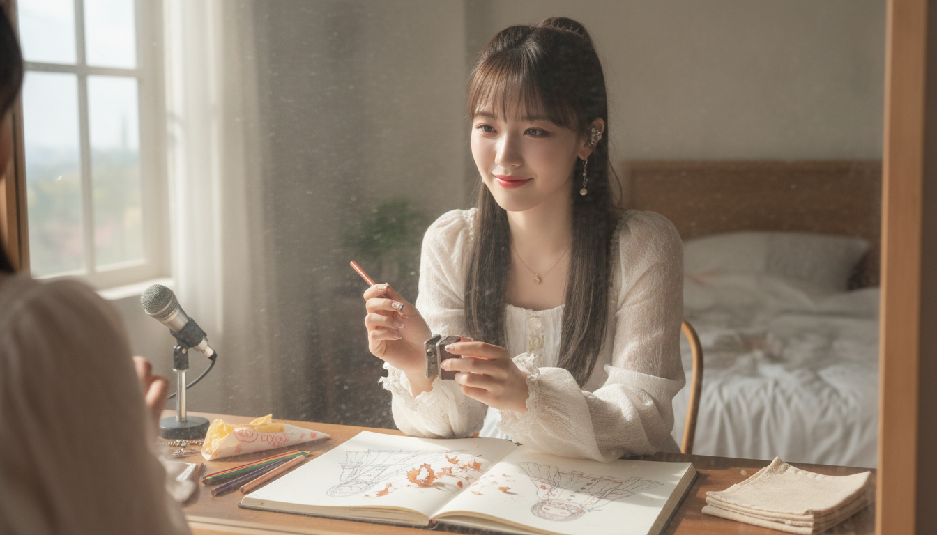 りん本人と「短くなった赤茶色の色鉛筆と、夜11時に咲いた削りカスの花びら」の内容を表すブログ挿絵