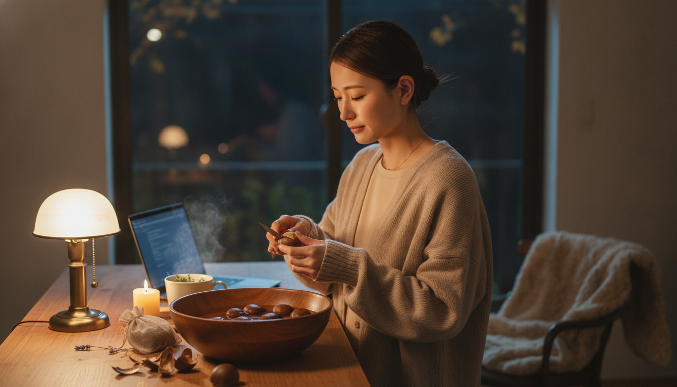 花本人と「栗の鬼皮と、不器用な守りをほどく秋の夜」の内容を表すブログ挿絵