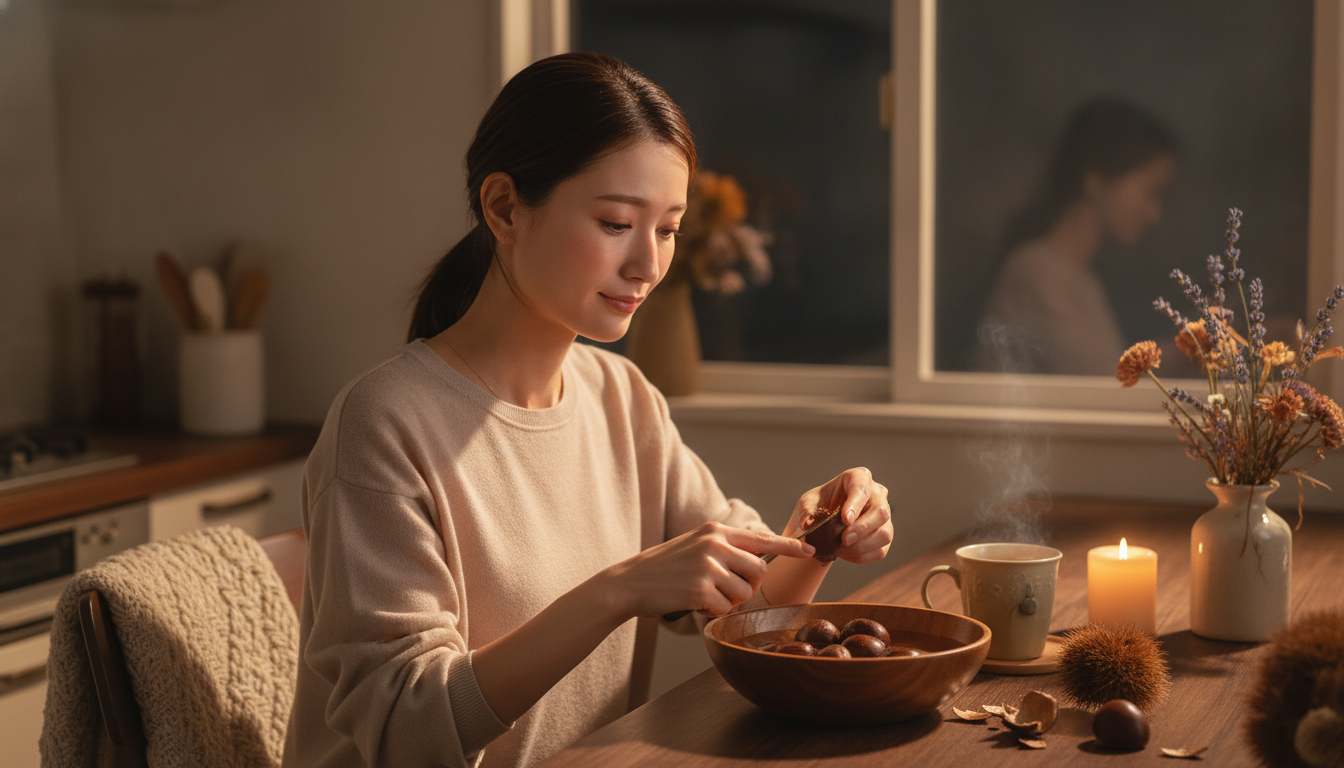 花本人と「栗の鬼皮と、不器用な守りをほどく秋の夜」の内容を表すブログ挿絵