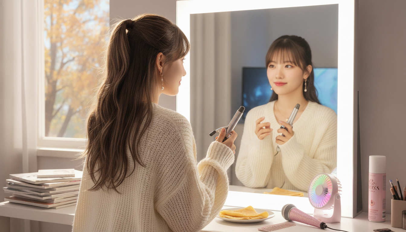 りん本人と「少しだけ横に流した前髪と、おでこをかすめる秋の風」の内容を表すブログ挿絵