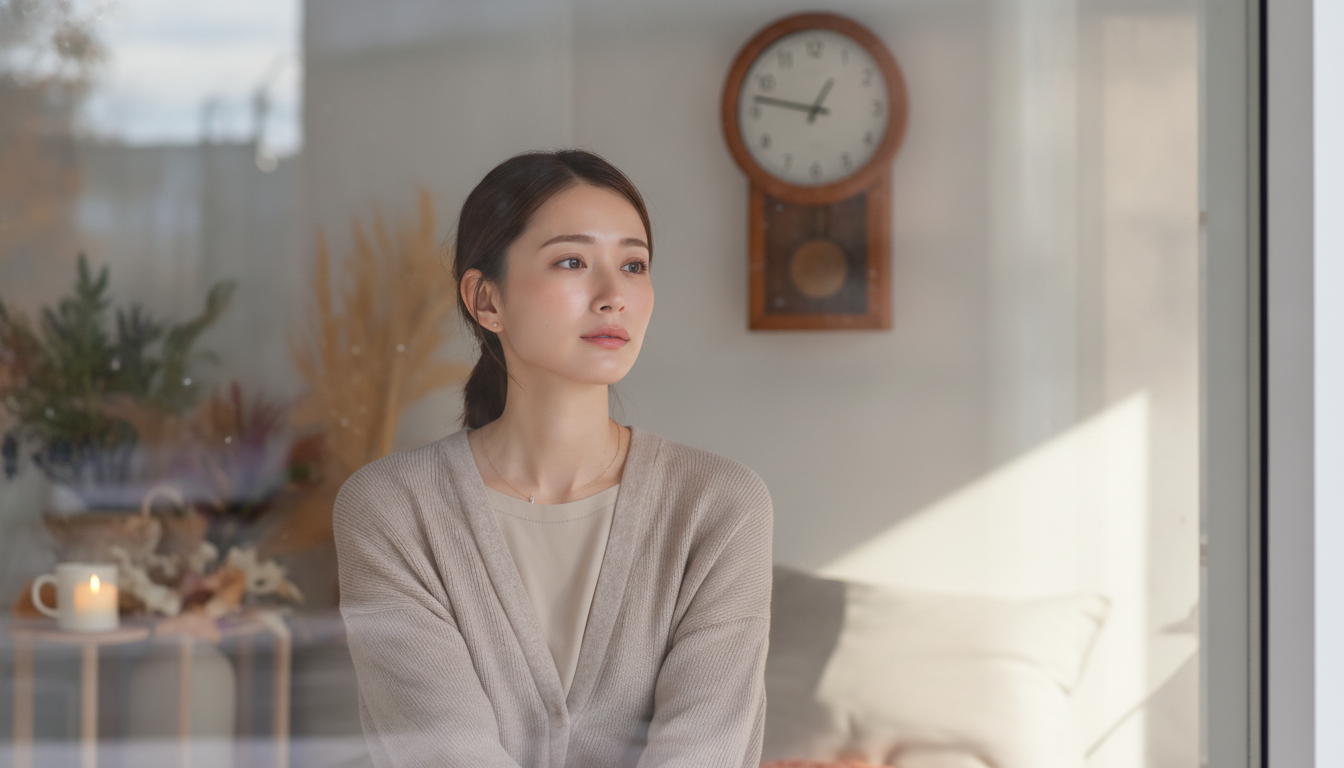 花本人と「止まった秒針が教える朝の静寂と、すぐには直さない一日の余白」の内容を表すブログ挿絵