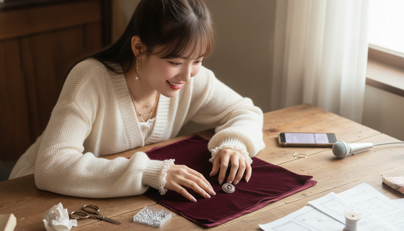 りん本人と「夜19時の蛍光灯と、ボルドー色のベルベットが教えてくれたこと」の内容を表すブログ挿絵