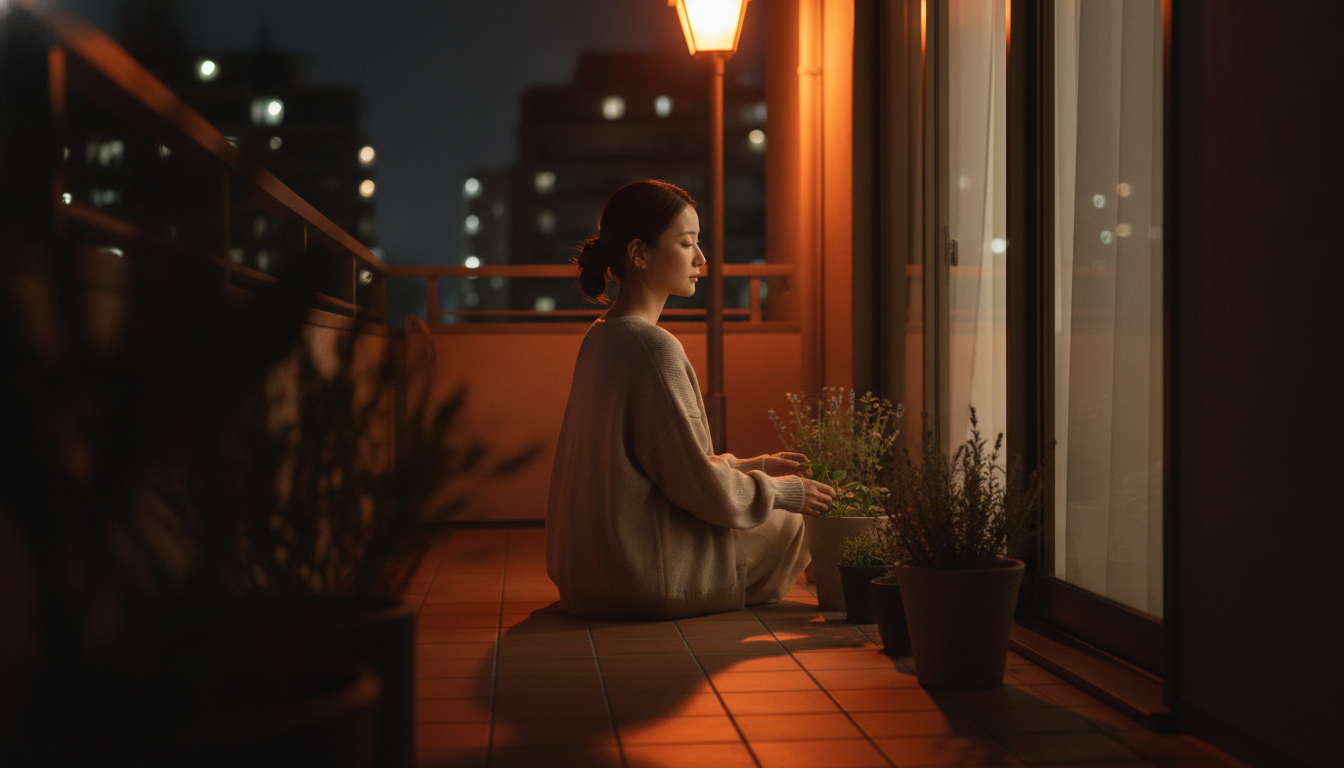 花本人と「夜のベランダに揺れる影と、すべてを明るみにしない優しさ」の内容を表すブログ挿絵