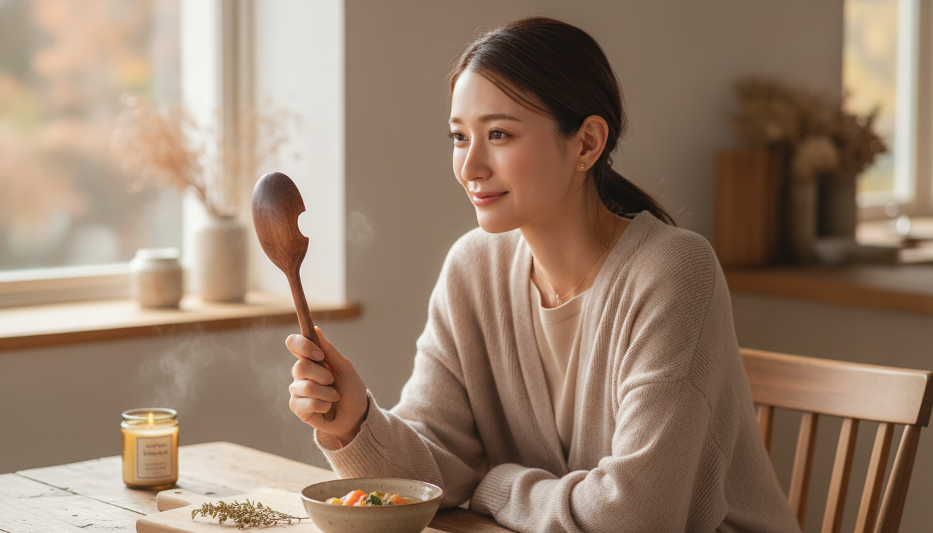 花本人と「斜めに削れた桜の木べらと、変わっていく自分を愛しむ朝」の内容を表すブログ挿絵