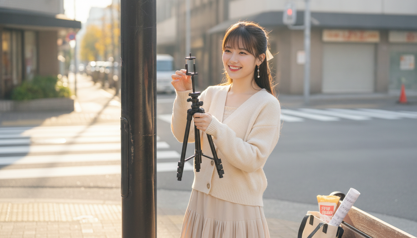 りん本人と「カメラスタンドの冷たい金属と、朝5時に響くカチッという合図」の内容を表すブログ挿絵