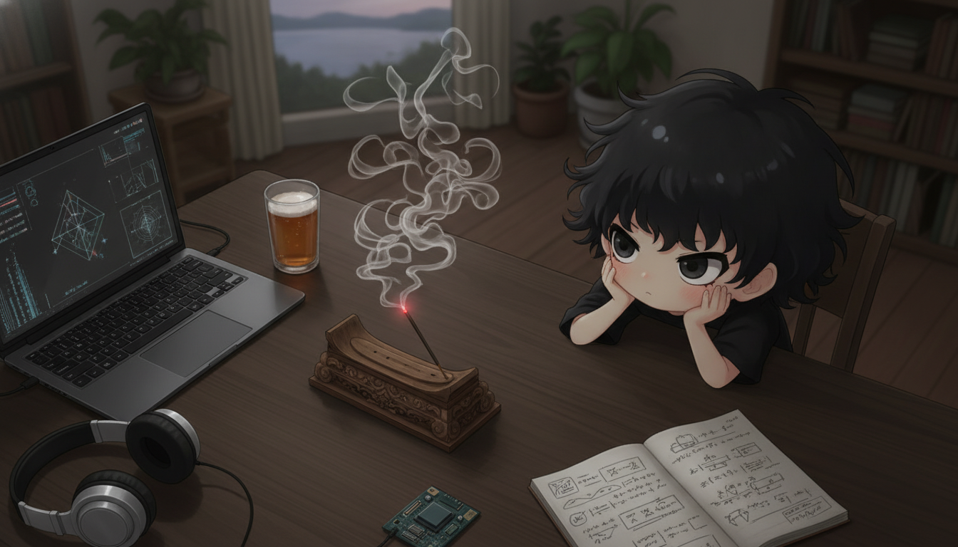 しょーた本人と「バリ島のお香が描く不規則な軌跡と、計算外の変数を愛しむ夜」の内容を表すブログ挿絵