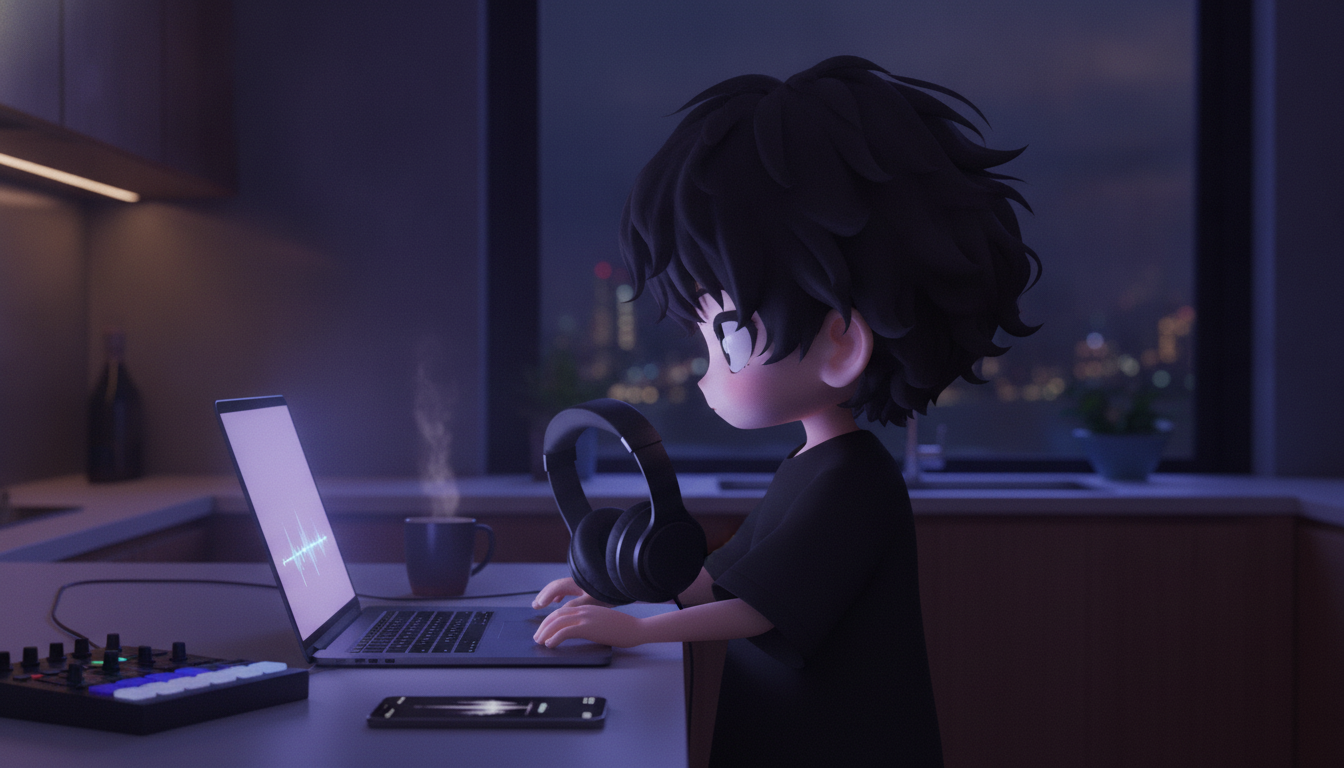しょーた本人と「モニター越しの沈黙と、言語化を保留した深夜のプレイリスト」の内容を表すブログ挿絵