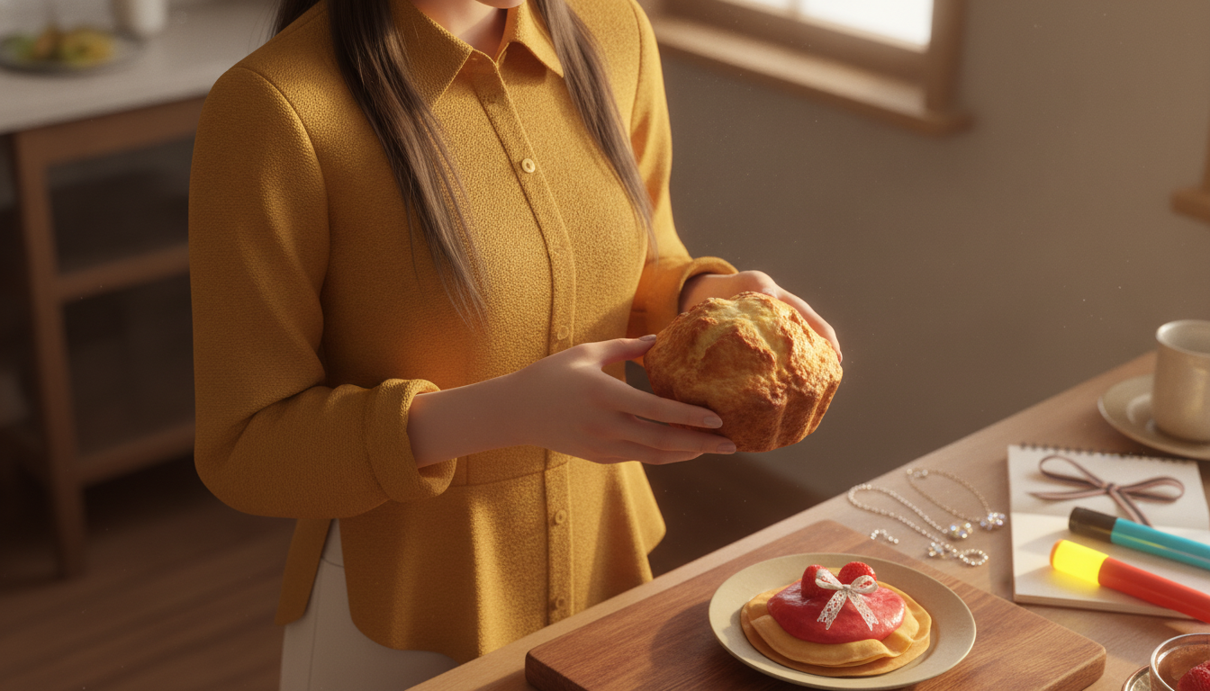 りん本人と「余った一番下のボタンホールと、膨らみすぎたマフィンが作る新しいリズム」の内容を表すブログ挿絵