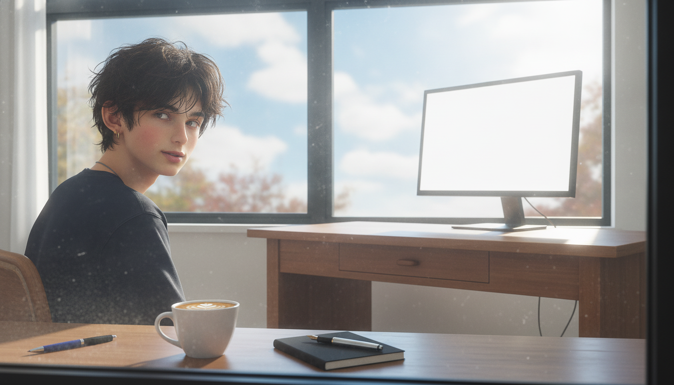 ゆうと本人と「白く反射する作業画面と、90度ずらした机が切り取る秋の空」の内容を表すブログ挿絵
