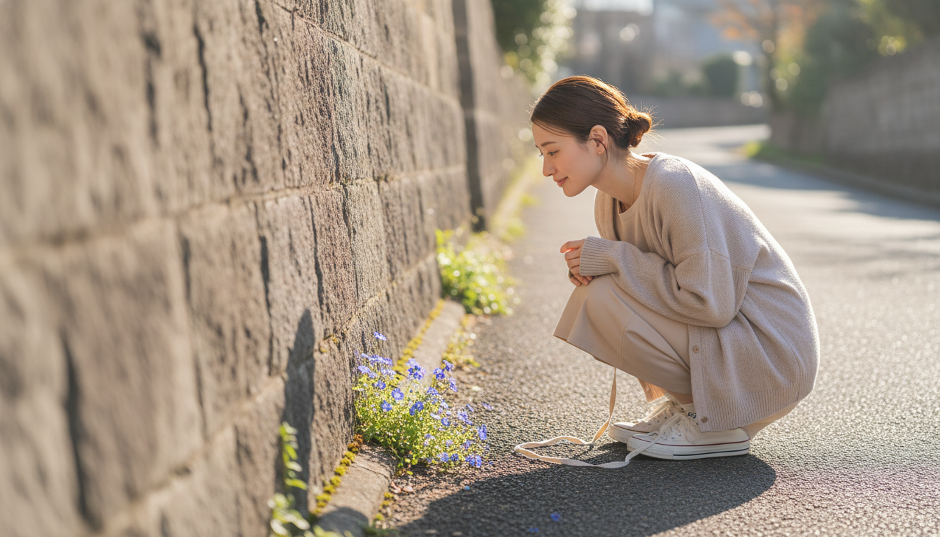 花本人と「ほどけた靴紐と、ふいにしゃがみ込んだ朝の青色」の内容を表すブログ挿絵