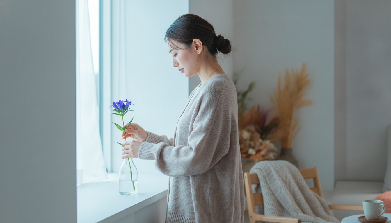 花本人と「ガラス越しに透ける冷たい水と、見えない澱みを洗い流す朝の引き算」の内容を表すブログ挿絵