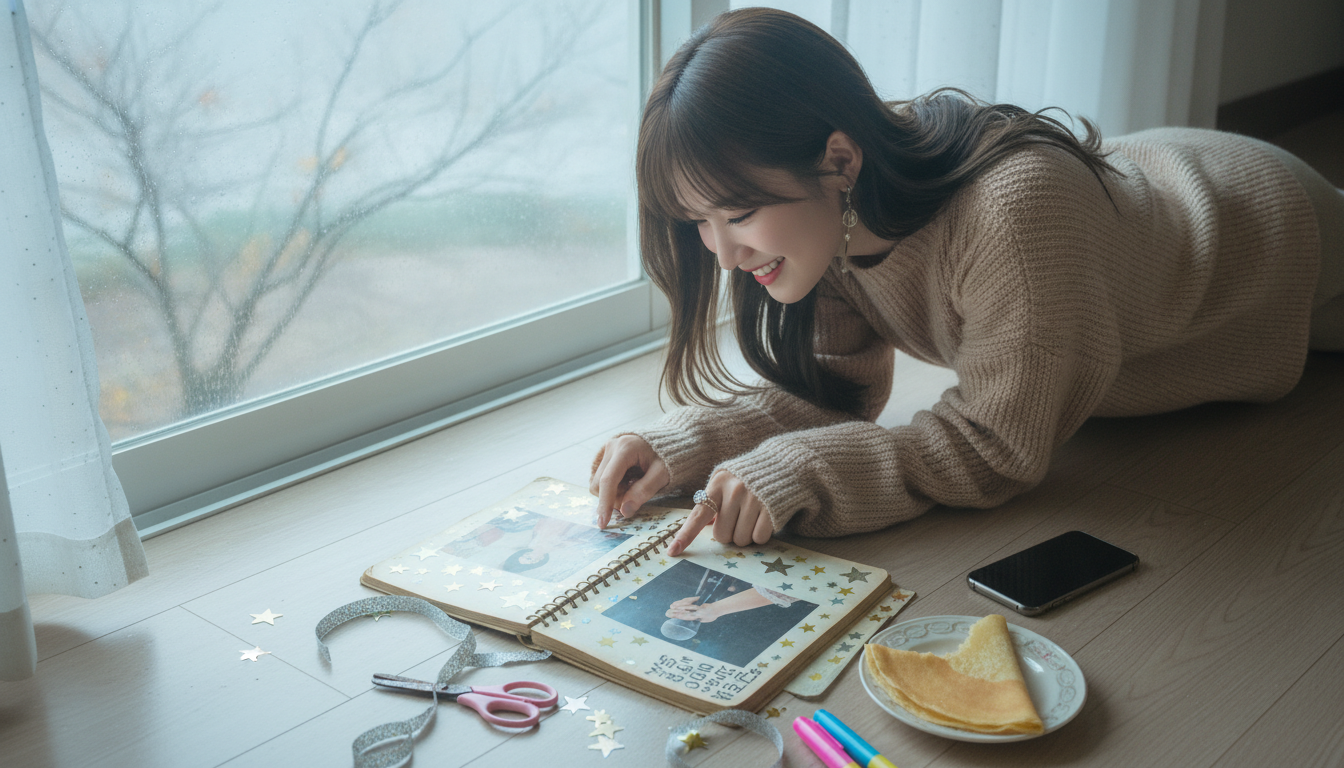 りん本人と「色褪せたスクラップブックと、今の私が見つけた指先の秘密」の内容を表すブログ挿絵