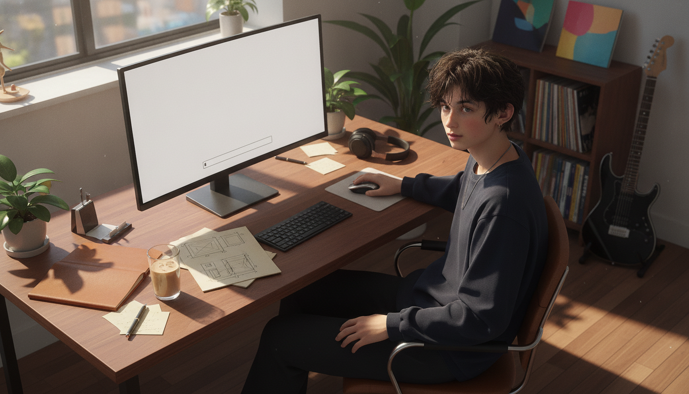 ゆうと本人と「真っ白なキャンバスと、言葉で形を作る夜の戸惑い」の内容を表すブログ挿絵